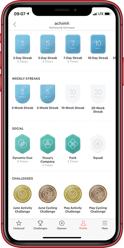 Peloton Badges in meinem Profil auf dem iPhone 11